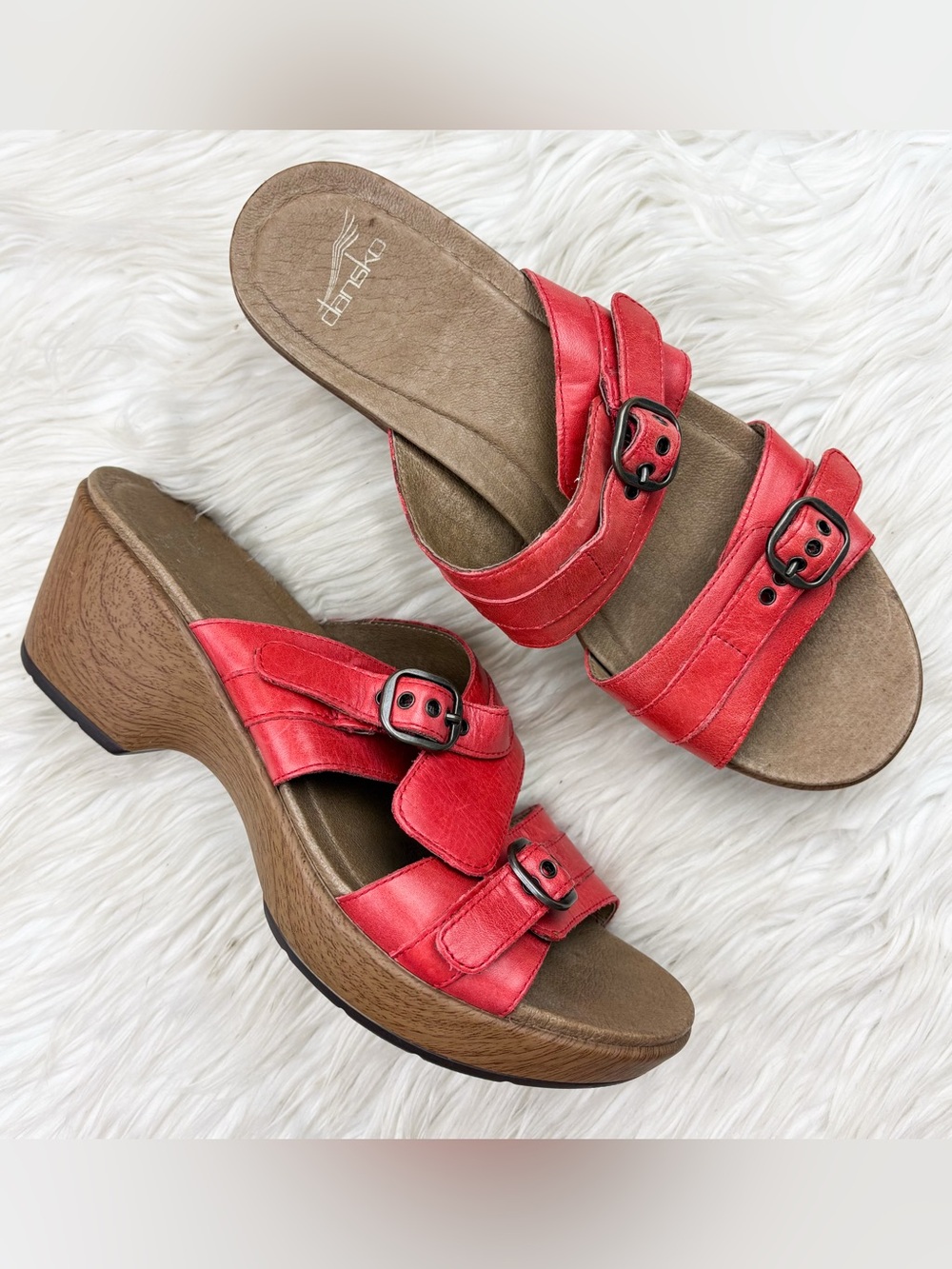 Dansko Jessie Sandal Vibrant Coral Red Orange Leather Wedge Heel Orthopedic 41